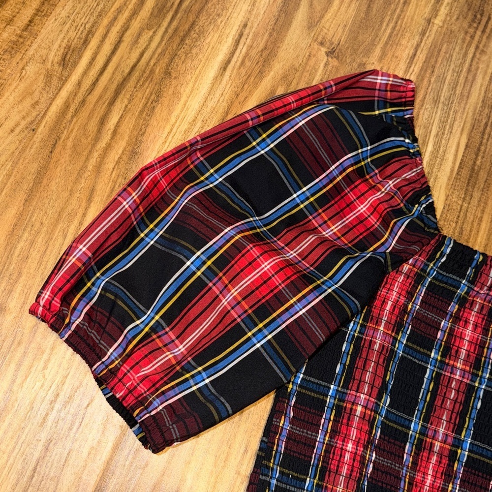 Draper James womens large Top Smocked Peplum Puff Sleeves Red Black Plaid nwot - Picture 5 of 9
